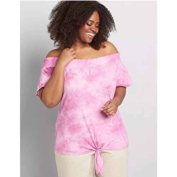 Lane Bryant Tops - Lane Bryant Pink Tie-Dye Off-The-Shoulder Tie-Hem Top Plus Size 26/28